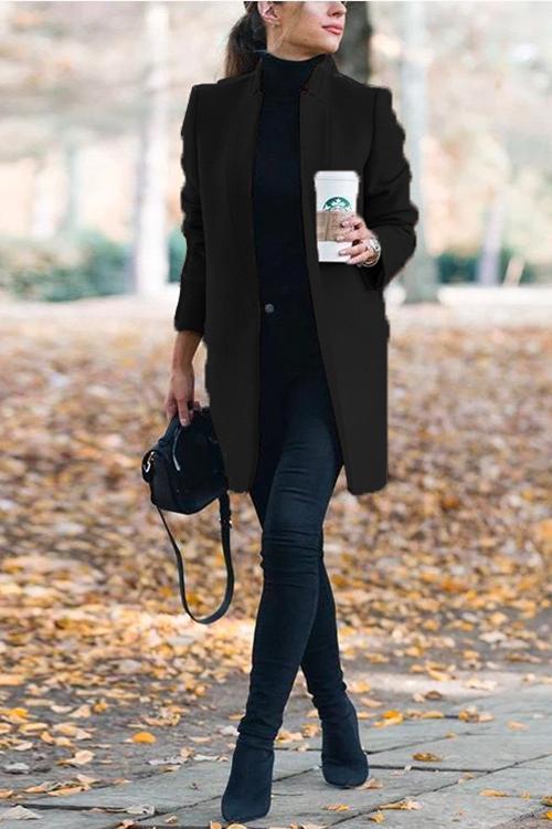 Ellen Stand Collar Open Front Pockets Coat