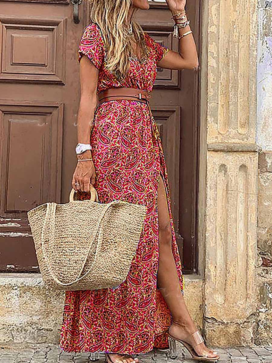 Boho Style V-neck Floral Belt Dress (7 colors)