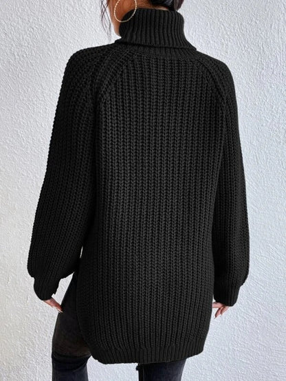 Black Long Sleeve High Turtleneck Slouchy Ribbed Sweater
