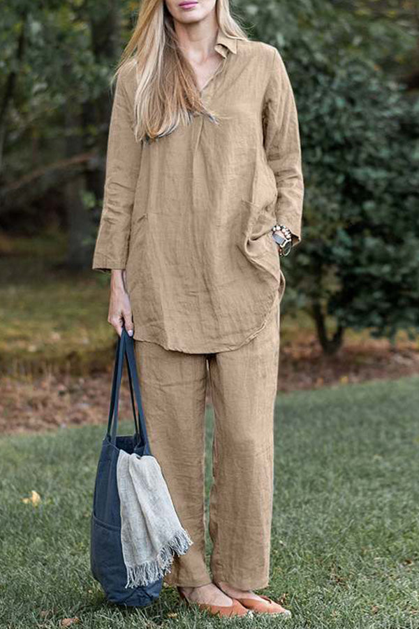 Solid color elegant retro loose lapel long sleeve shirt wide leg pants casual suit