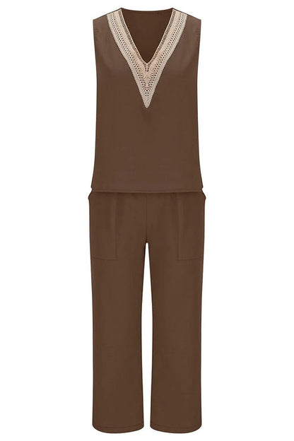 Mchoice Women's Summer Outfits Fashion V-neck Solid Color Sleeveless Tops and Loose Pocket Pants Suit