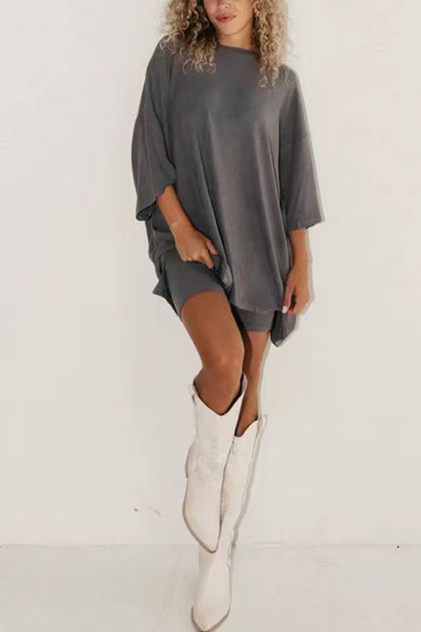 Fashion solid color loose fitting T-shirt+tight shorts for women