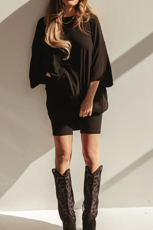 Fashion solid color loose fitting T-shirt+tight shorts for women