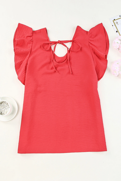 Solid V Neck Ruffle Sleeve Loose Top
